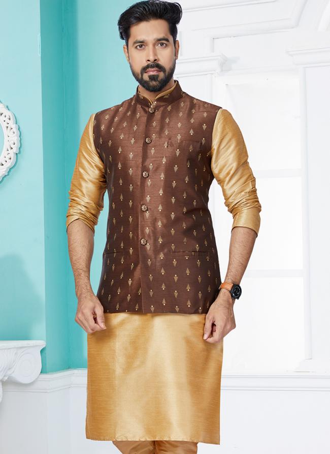 Banarasi Dhupion Brown Wedding Wear Banarasi Work Modi Jacket Kurta Pajama